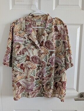 RARE Vintage Paisley Floral Linen Blend  Shirt Blouse Retro Boho Chic coastal 16